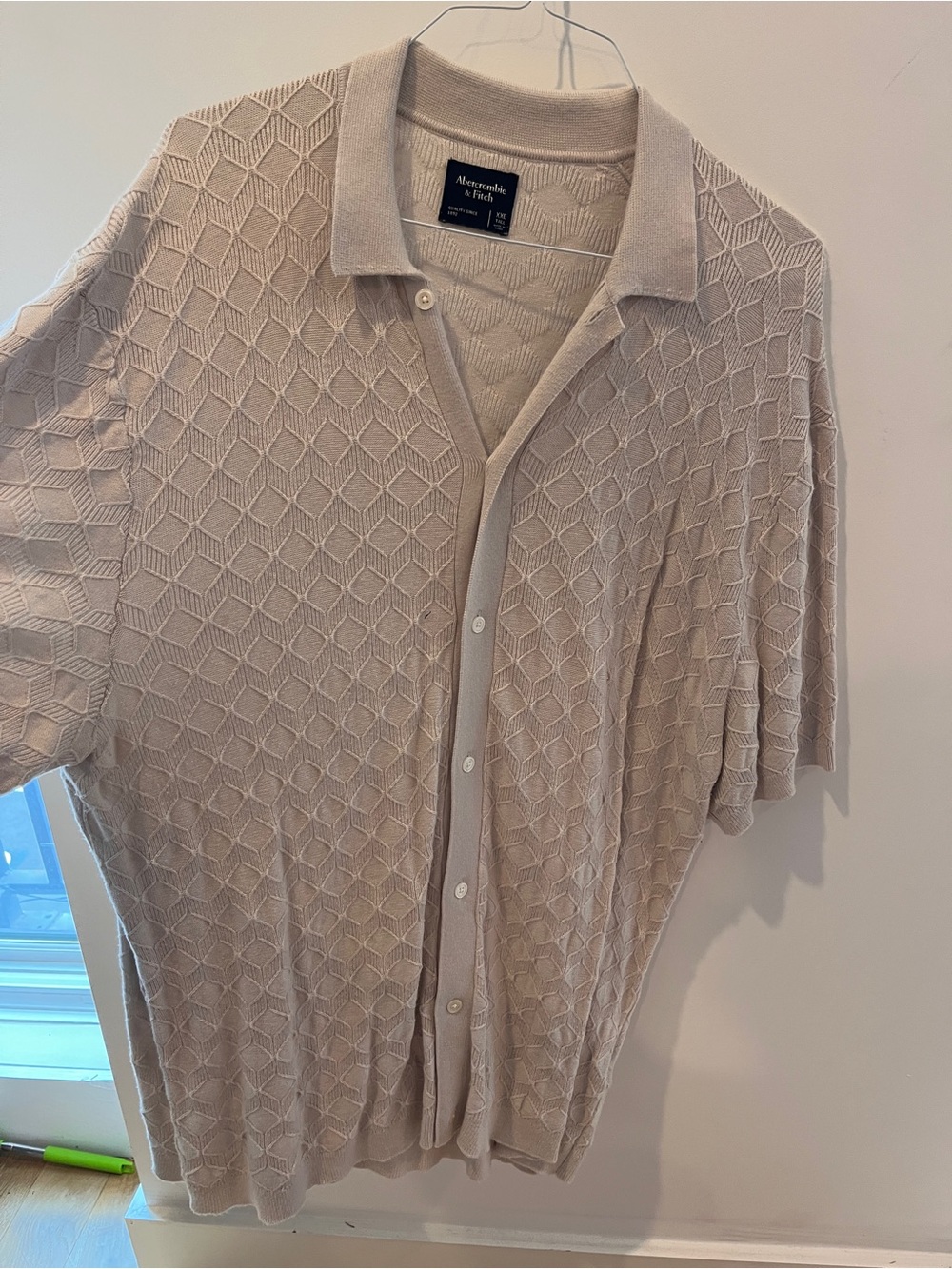 Abercrombie & Fitch Beige Textured Knit Short-Sleeve Button Shirt